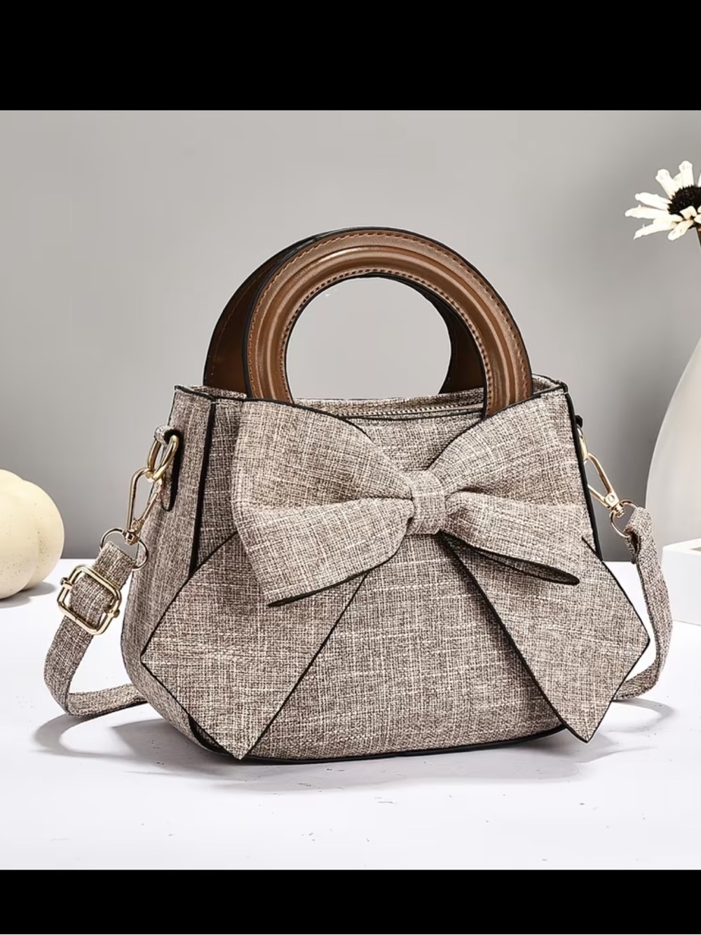 New Women’s Beige Bow Accent Tote Bag with Brown Handles
